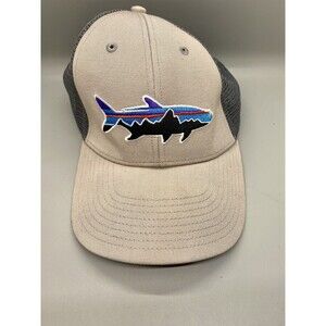 Vintage CLEAN Patagonia SnapBack Hat Cap Gray Khaki Fishing Logo Mesh Trucker